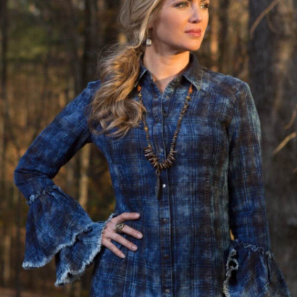 Ryan Michael Indigo Blue Tiered Sleeve Western Button Down Shirt Size Medium - Picture 3 of 12